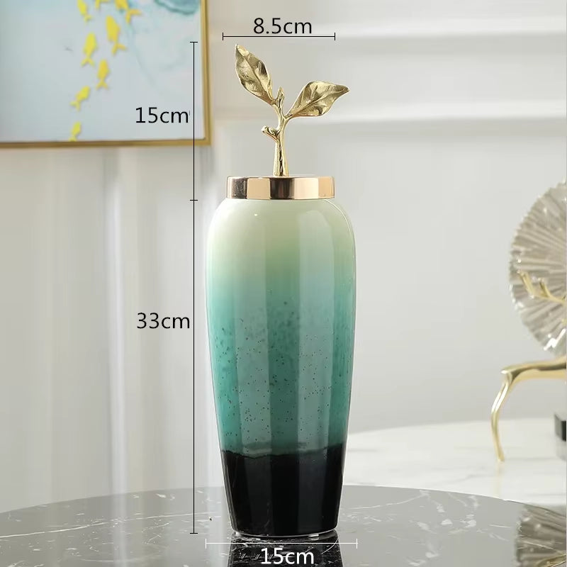 Creativity Ceramic Vase Handmade Gradient with Cover Golden Leaves Modern Home Crafts Ornaments Flower Vases Wedding Decoration