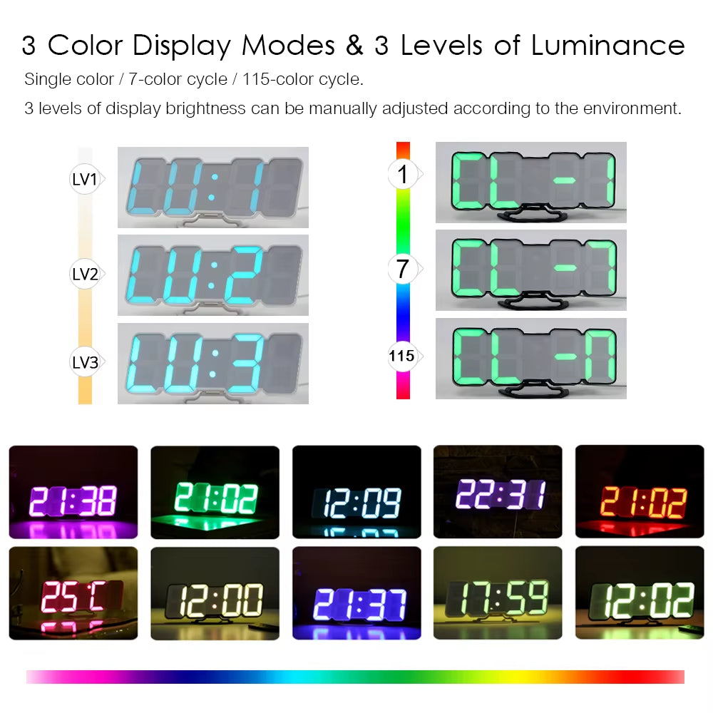 Digital Time Alarm Clock with Remote Control, LED Wall Clock with 115 Colors, Digital Watch, Night Light, Magic Desktop, Table