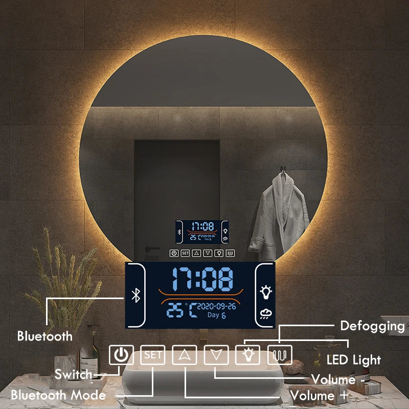 Round Bathroom Mirror Smart Makeup LED Mirror Adjustable Backlight with Bluetooth Speaker for Hotel Bedroom Decoration Mirrorg