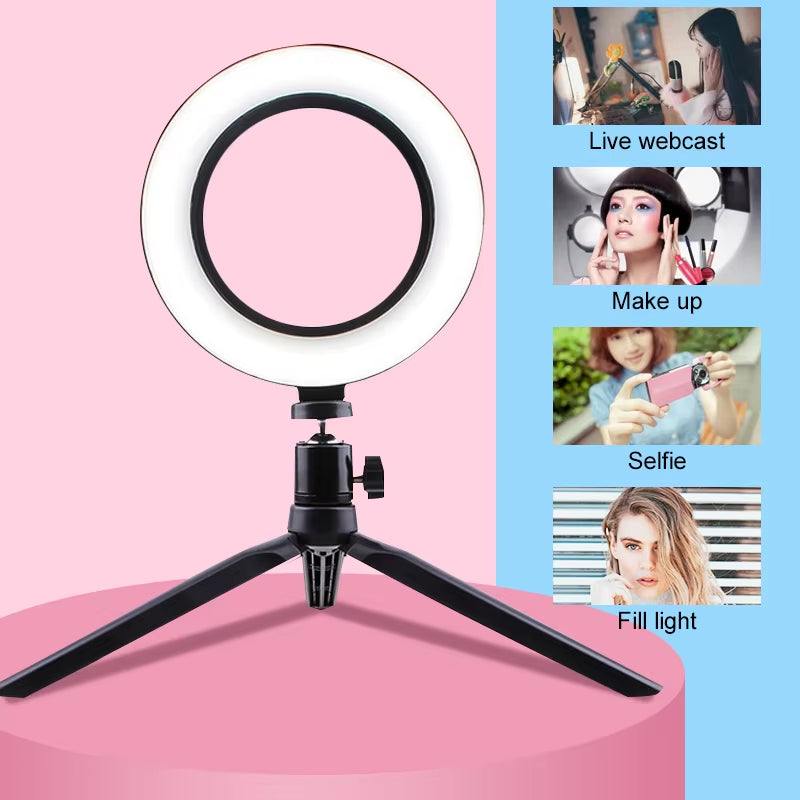 Multi-function 26CM selfie ring light – adjustable brightness for YouTube, makeup, or live video.