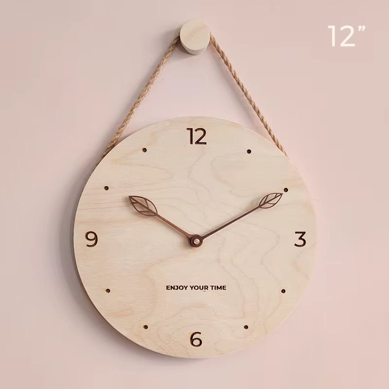 Simple Style 12 Inches Wooden Hanging Rope Wall Clock Watch Living Room Office Cafe Home Decoration Art Large Wall Clock
