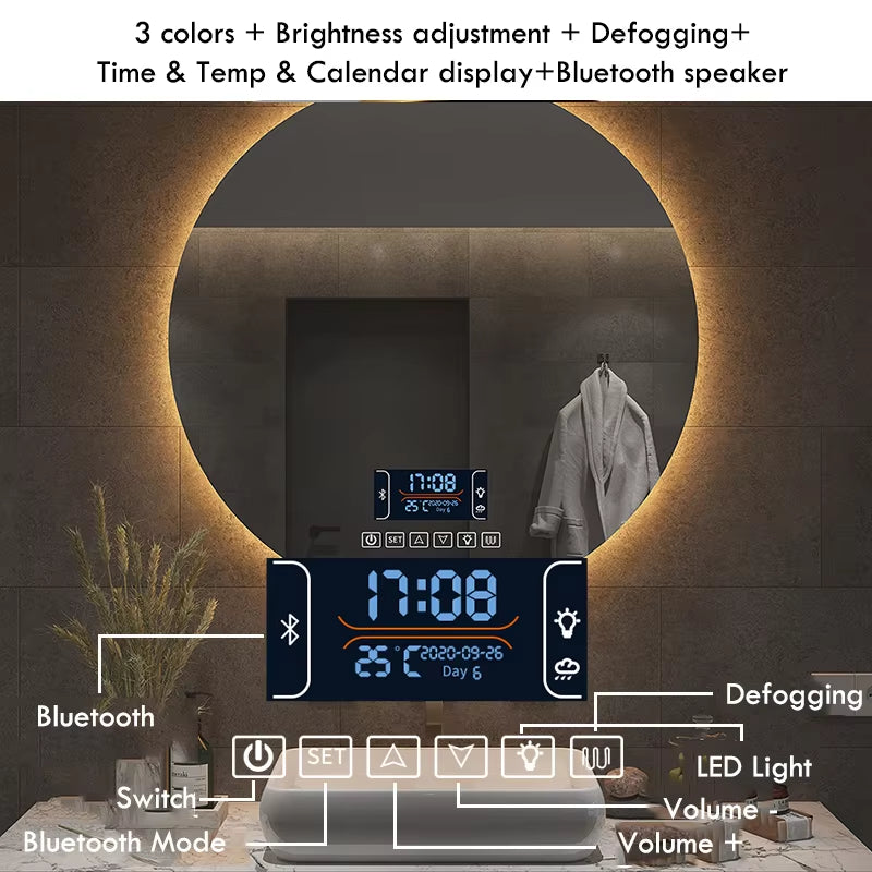 Round Bathroom Mirror Smart Makeup LED Mirror Adjustable Backlight with Bluetooth Speaker for Hotel Bedroom Decoration Mirrorg