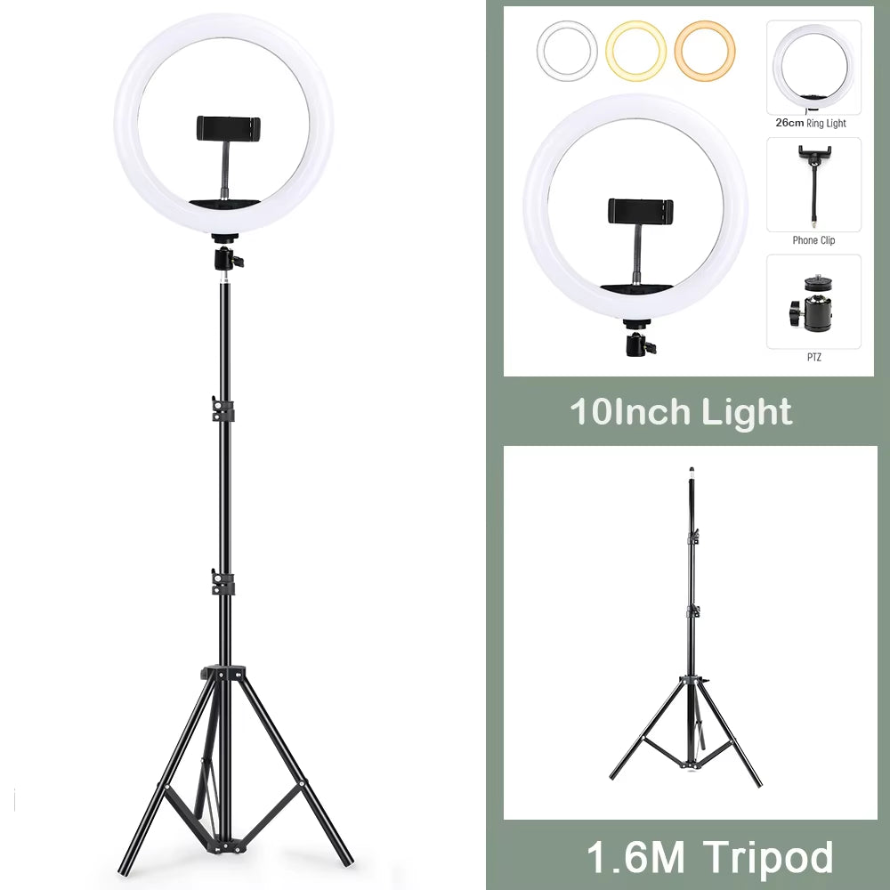 Multi-function 26CM selfie ring light – adjustable brightness for YouTube, makeup, or live video.