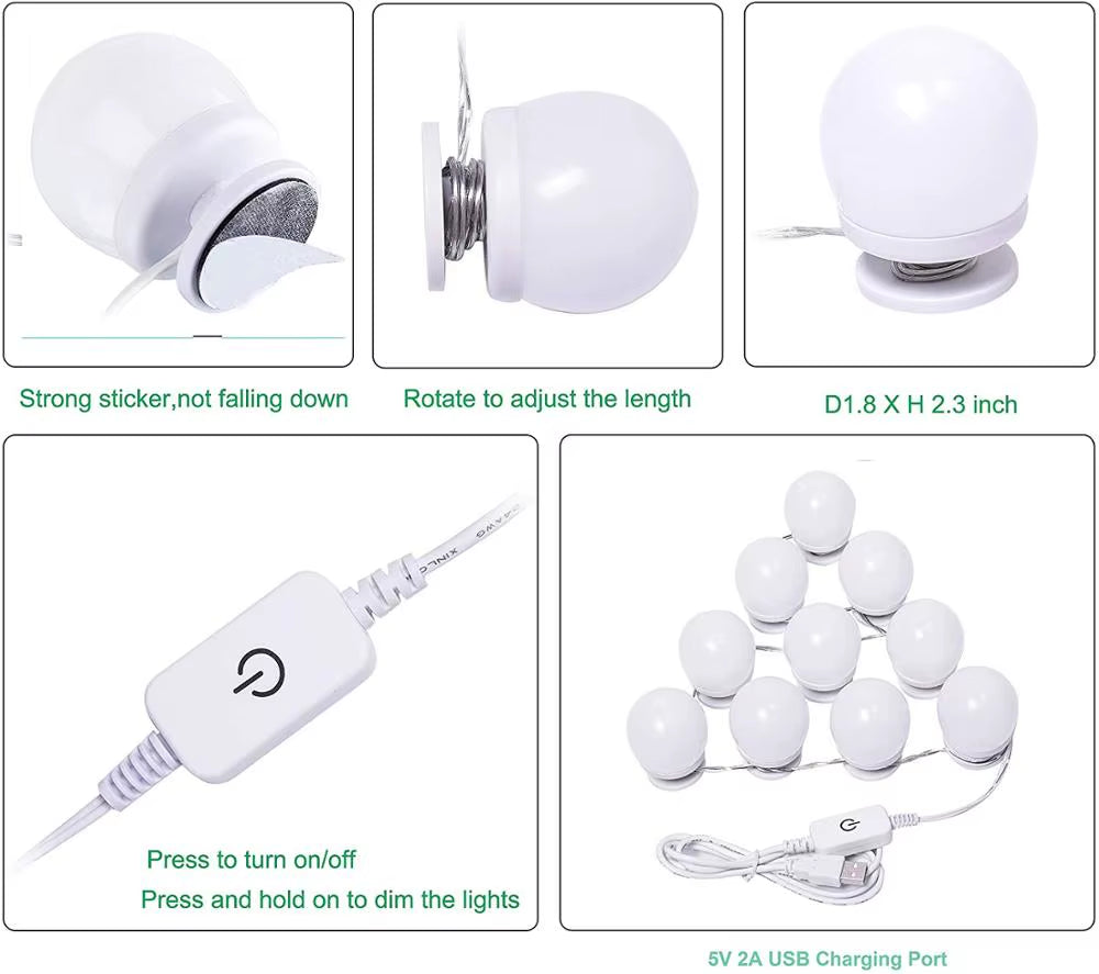 Hollywood-style 10 LED vanity lights – bright white strip for makeup tables and bathroom mirrors.