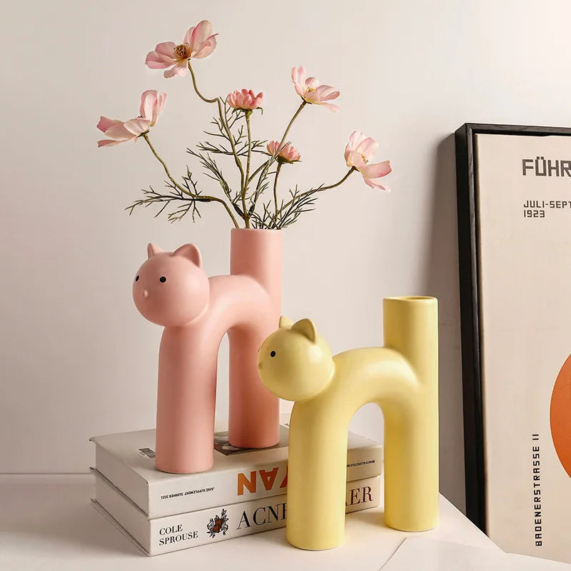 Cute Cat Vase Cathead H-Shaped Tube Vase Flower Arrangement Hydroponics Accessories Home Furnishing Decoration Vases Pots