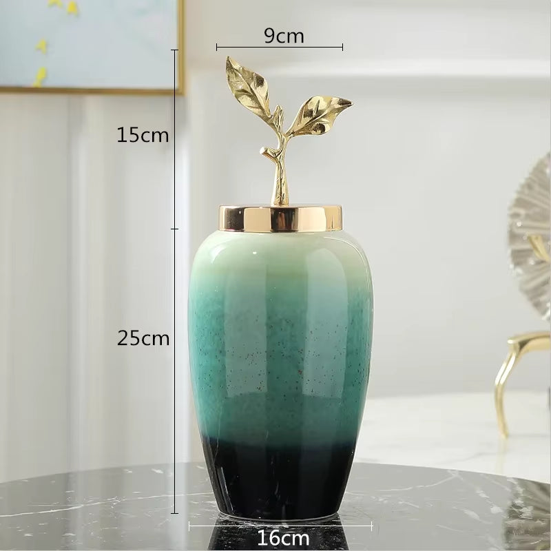 Creativity Ceramic Vase Handmade Gradient with Cover Golden Leaves Modern Home Crafts Ornaments Flower Vases Wedding Decoration