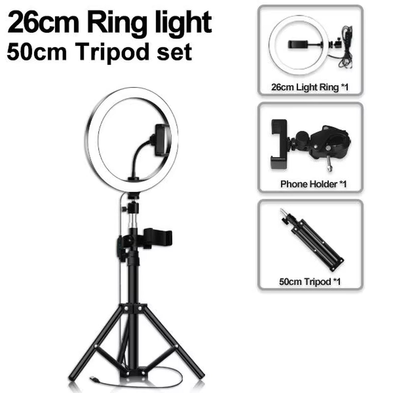 Multi-function 26CM selfie ring light – adjustable brightness for YouTube, makeup, or live video.