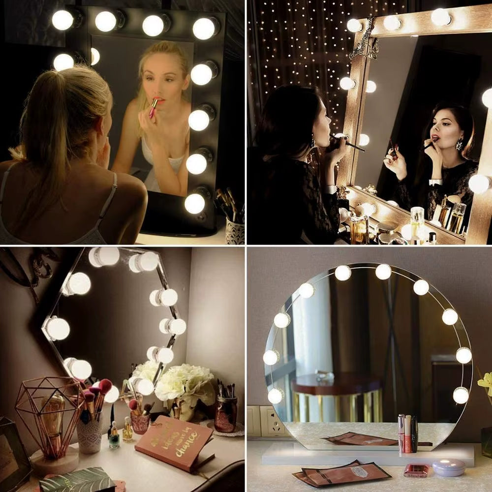 Hollywood-style 10 LED vanity lights – bright white strip for makeup tables and bathroom mirrors.