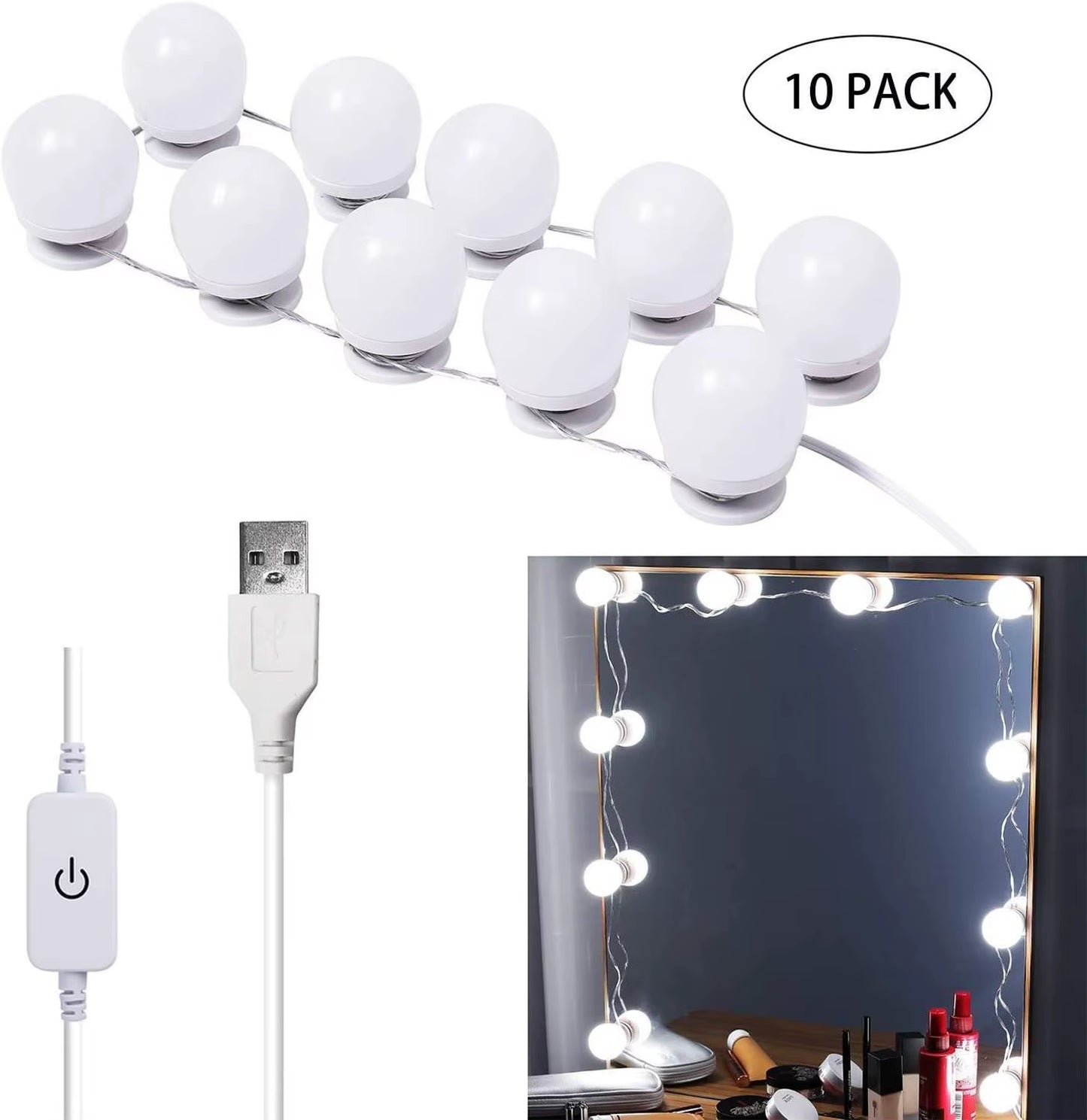 Hollywood-style 10 LED vanity lights – bright white strip for makeup tables and bathroom mirrors.
