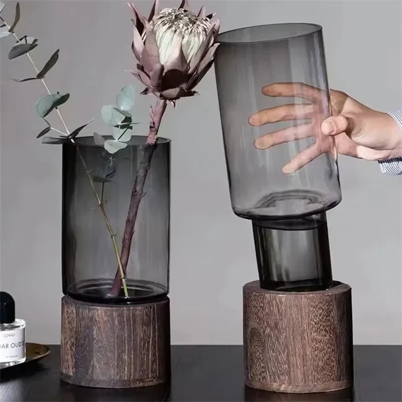 Vases Simple European Hydroponic Plant Household Living Room Table Inserted Flower Wood Base Transparent Glass Vase Home Decor