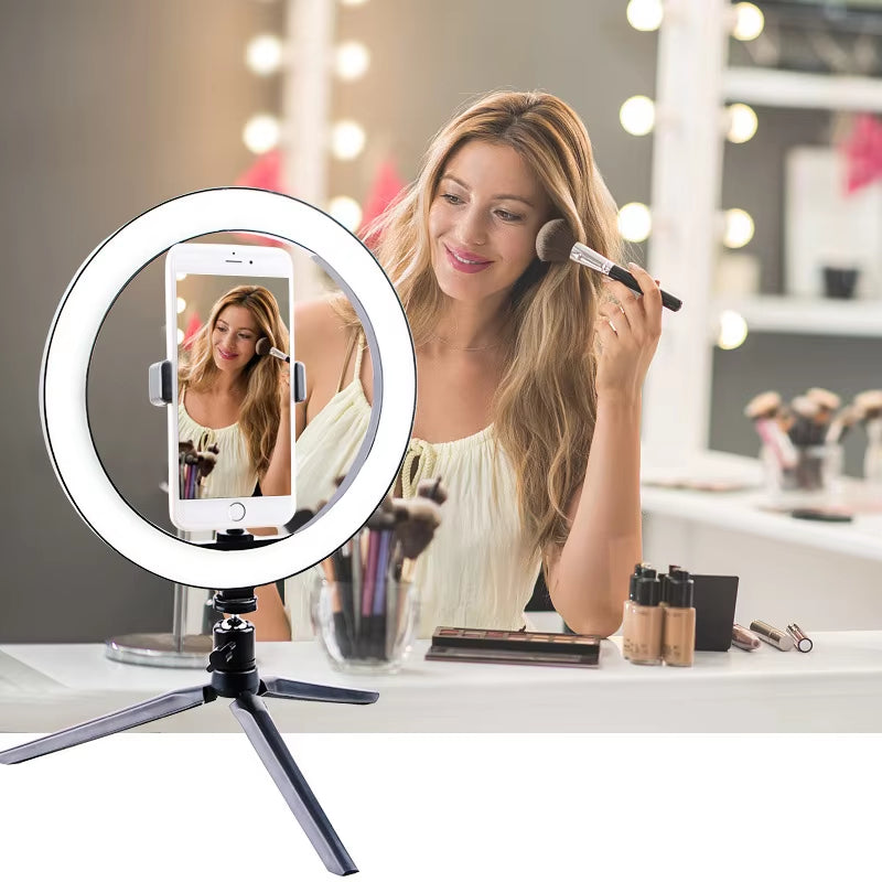 Multi-function 26CM selfie ring light – adjustable brightness for YouTube, makeup, or live video.