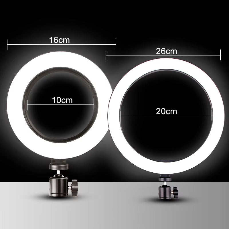 Multi-function 26CM selfie ring light – adjustable brightness for YouTube, makeup, or live video.