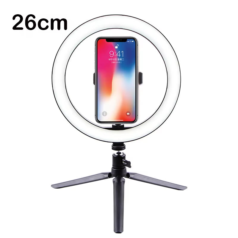 Multi-function 26CM selfie ring light – adjustable brightness for YouTube, makeup, or live video.