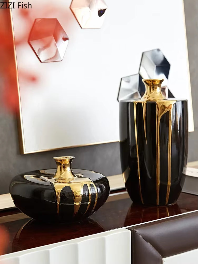 Black Gold Ceramic Vase Flowers Pot Flower Arrangement Desk Decoration Crafts Glaze Porcelain Vases Floral Home Decor Modern