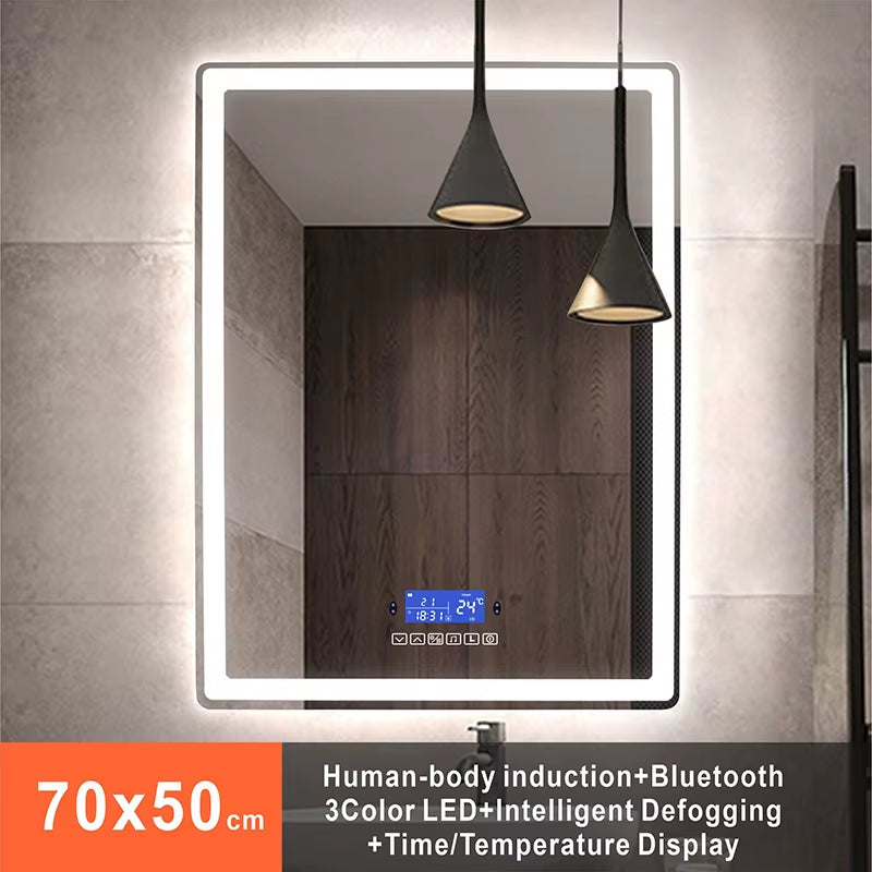 Rectangle 60x80cm Bluetooth makeup mirror with warm LED light, human body induction, and anti-fog.