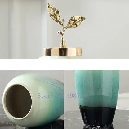 Creativity Ceramic Vase Handmade Gradient with Cover Golden Leaves Modern Home Crafts Ornaments Flower Vases Wedding Decoration
