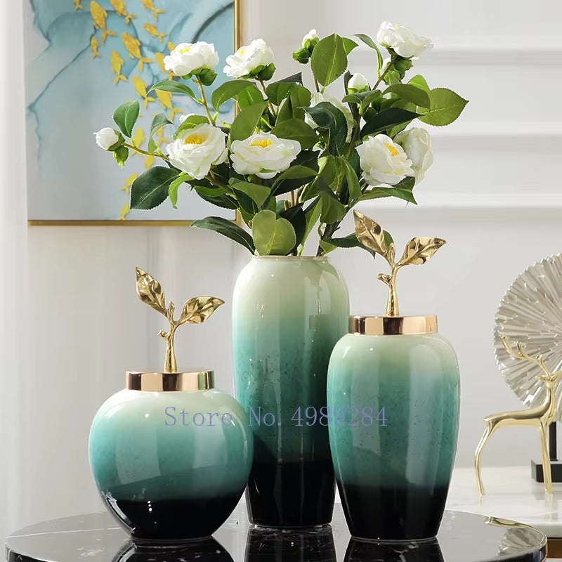 Creativity Ceramic Vase Handmade Gradient with Cover Golden Leaves Modern Home Crafts Ornaments Flower Vases Wedding Decoration