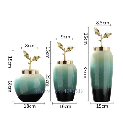 Creativity Ceramic Vase Handmade Gradient with Cover Golden Leaves Modern Home Crafts Ornaments Flower Vases Wedding Decoration