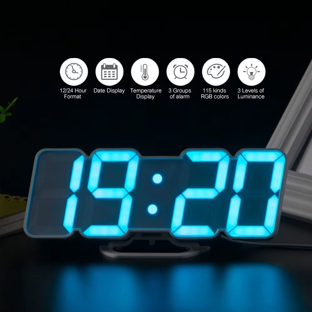 Digital Time Alarm Clock with Remote Control, LED Wall Clock with 115 Colors, Digital Watch, Night Light, Magic Desktop, Table