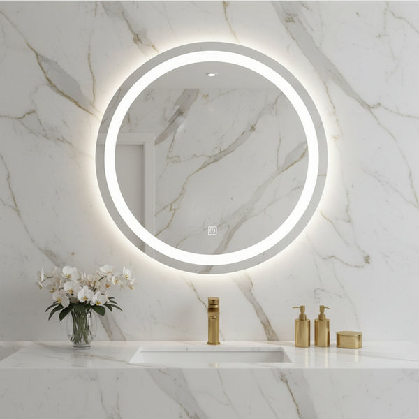 Front view of a modern bathroom LED mirror with built-in lighting, defogging feature, and integrated Bluetooth speaker.