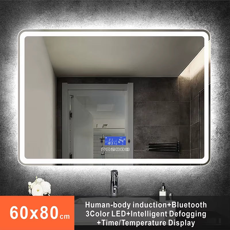 Rectangle 60x80cm Bluetooth makeup mirror with warm LED light, human body induction, and anti-fog.