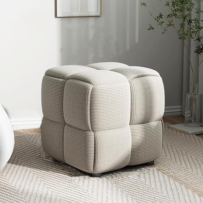 Luxurious White Velvet Square Woven Cube Pouf Ottoman - Stylish Upholstered Footrest for Living Room, Bedroom, and Entryway (15x15x15 Inch)