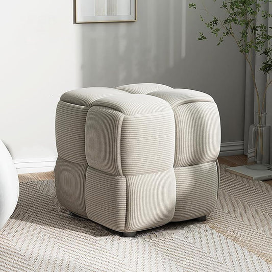 Luxurious White Velvet Square Woven Cube Pouf Ottoman - Stylish Upholstered Footrest for Living Room, Bedroom, and Entryway (15x15x15 Inch)