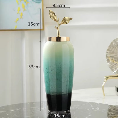 Creativity Ceramic Vase Handmade Gradient with Cover Golden Leaves Modern Home Crafts Ornaments Flower Vases Wedding Decoration