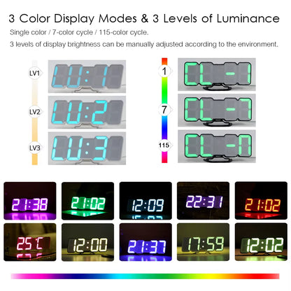 Digital Time Alarm Clock with Remote Control, LED Wall Clock with 115 Colors, Digital Watch, Night Light, Magic Desktop, Table