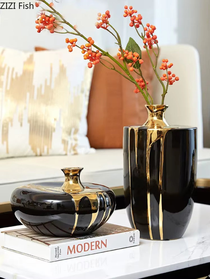 Black Gold Ceramic Vase Flowers Pot Flower Arrangement Desk Decoration Crafts Glaze Porcelain Vases Floral Home Decor Modern