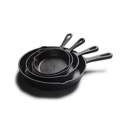 Preseasoned Cast Iron Skillets in 14cm, 16cm, 20cm, and 26cm sizes – perfect for frying, searing, and baking. Durable, heat-retentive cookware for all stovetops and ovens. Ready to use out of the box.