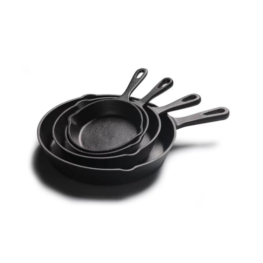 Preseasoned Cast Iron Skillets in 14cm, 16cm, 20cm, and 26cm sizes – perfect for frying, searing, and baking. Durable, heat-retentive cookware for all stovetops and ovens. Ready to use out of the box.