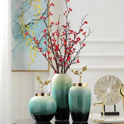 Creativity Ceramic Vase Handmade Gradient with Cover Golden Leaves Modern Home Crafts Ornaments Flower Vases Wedding Decoration