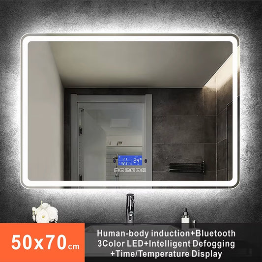 Rectangle 60x80cm Bluetooth makeup mirror with warm LED light, human body induction, and anti-fog.