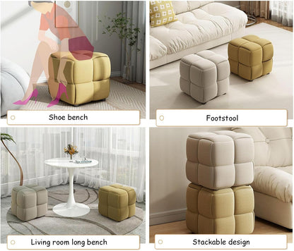 Luxurious White Velvet Square Woven Cube Pouf Ottoman - Stylish Upholstered Footrest for Living Room, Bedroom, and Entryway (15x15x15 Inch)