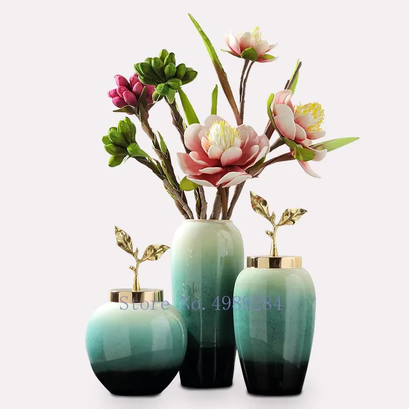 Creativity Ceramic Vase Handmade Gradient with Cover Golden Leaves Modern Home Crafts Ornaments Flower Vases Wedding Decoration