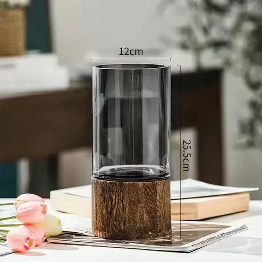 Vases Simple European Hydroponic Plant Household Living Room Table Inserted Flower Wood Base Transparent Glass Vase Home Decor