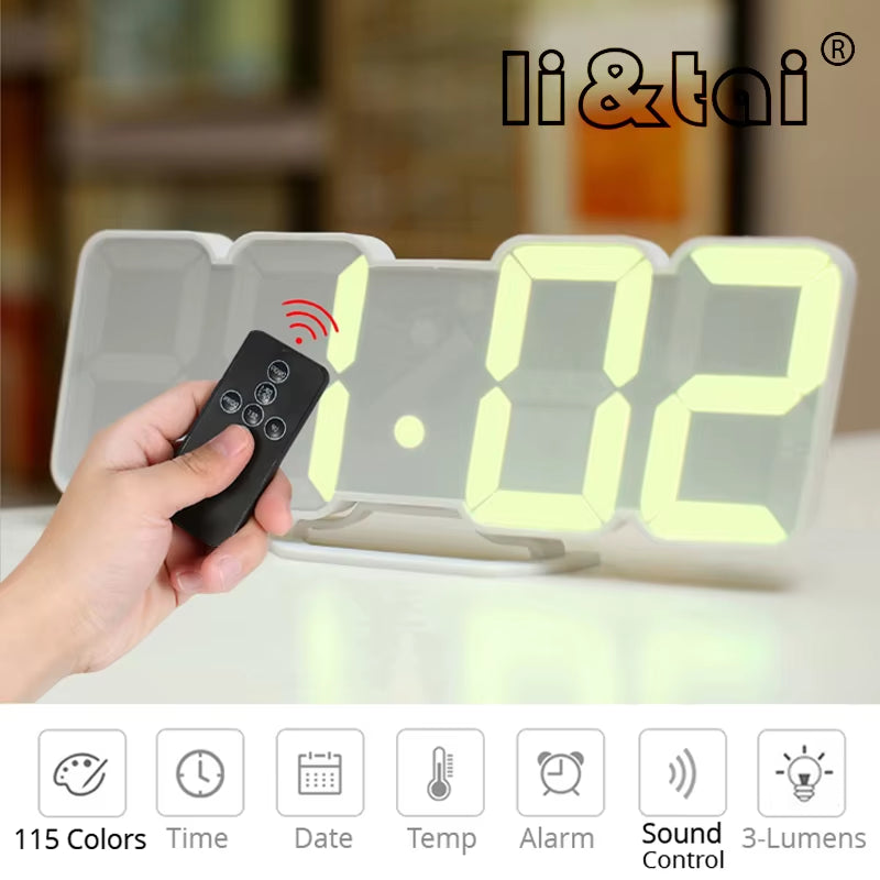 Digital Time Alarm Clock with Remote Control, LED Wall Clock with 115 Colors, Digital Watch, Night Light, Magic Desktop, Table