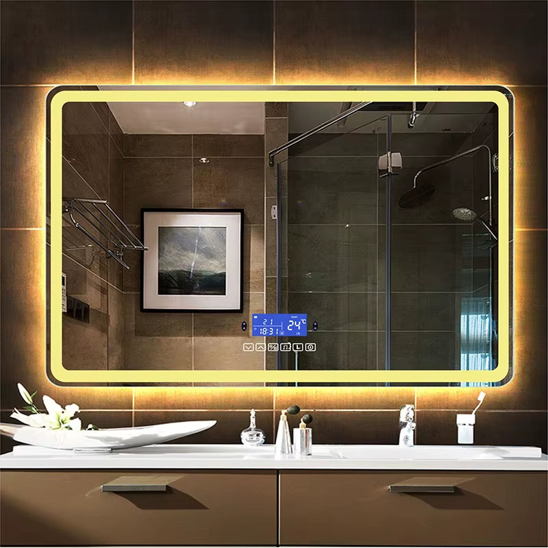 Rectangle 60x80cm Bluetooth makeup mirror with warm LED light, human body induction, and anti-fog.