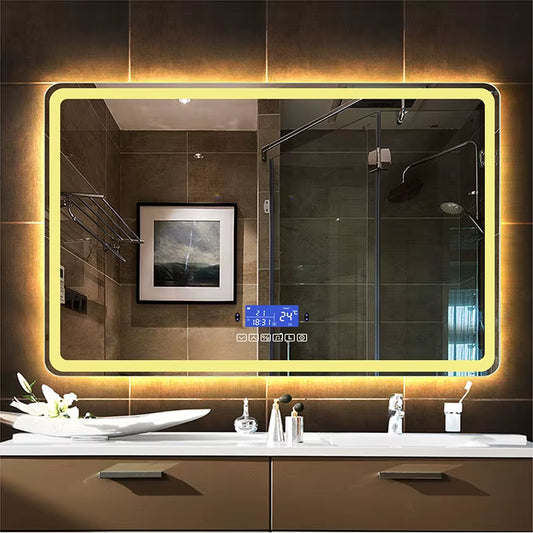 Rectangle 60x80cm Bluetooth makeup mirror with warm LED light, human body induction, and anti-fog.