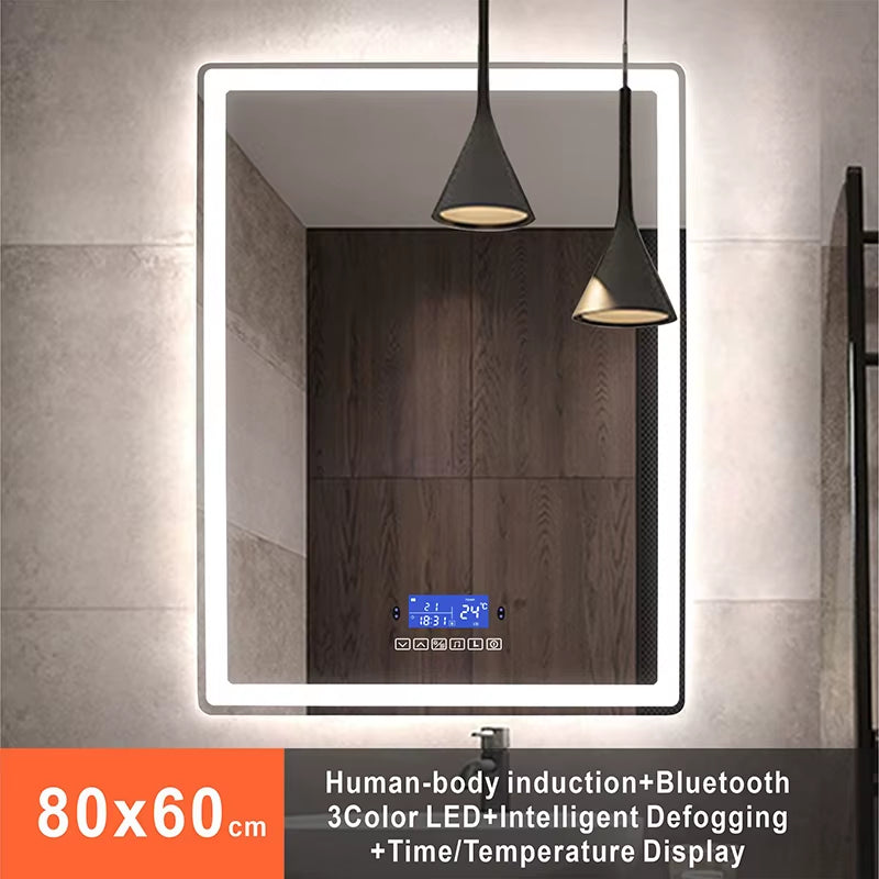 Rectangle 60x80cm Bluetooth makeup mirror with warm LED light, human body induction, and anti-fog.
