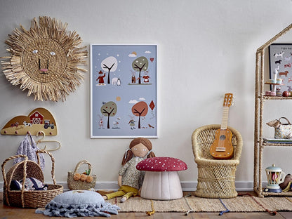 A mushroom-shaped kids’ seat with a soft red polka dot cover and a sturdy MDF base. Perfect as a footrest or extra seat.