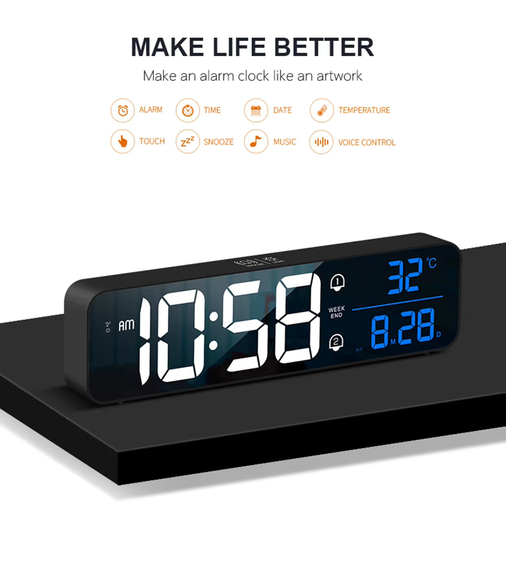 Music LED Digital Alarm Clock Temperature Date Display Desktop Mirror Clocks Home Table Decoration Voice Control 2400Mah Battery