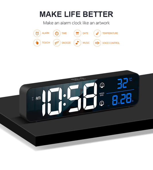 Music LED Digital Alarm Clock Temperature Date Display Desktop Mirror Clocks Home Table Decoration Voice Control 2400Mah Battery