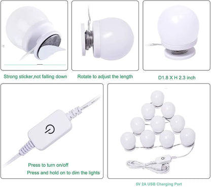 Hollywood-style 10 LED vanity lights – bright white strip for makeup tables and bathroom mirrors.