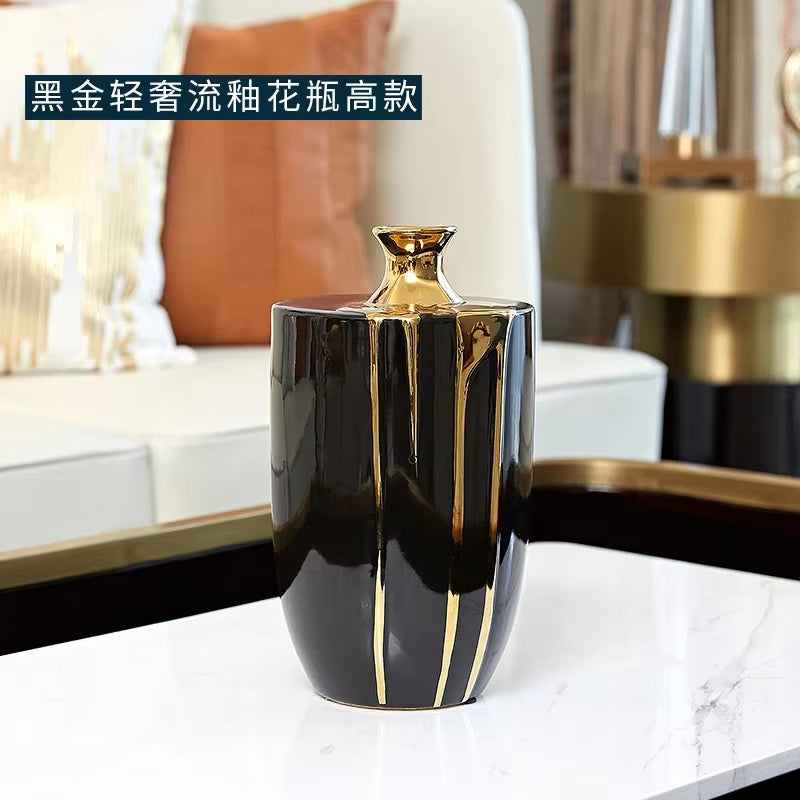 Black Gold Ceramic Vase Flowers Pot Flower Arrangement Desk Decoration Crafts Glaze Porcelain Vases Floral Home Decor Modern