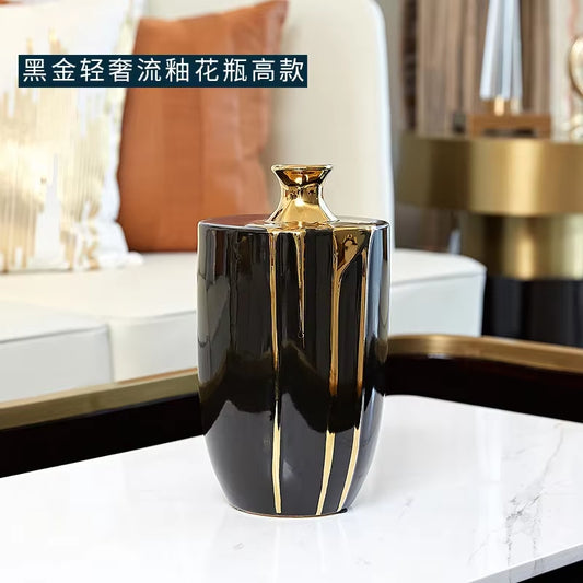 Black Gold Ceramic Vase Flowers Pot Flower Arrangement Desk Decoration Crafts Glaze Porcelain Vases Floral Home Decor Modern