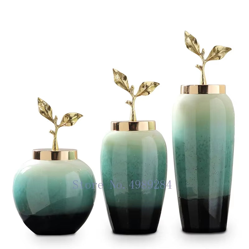 Creativity Ceramic Vase Handmade Gradient with Cover Golden Leaves Modern Home Crafts Ornaments Flower Vases Wedding Decoration