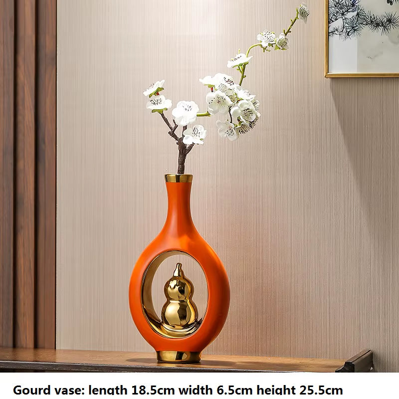 Chinese Style Creativity Ceramic Vase Wooden Frame Retro Openwork Vase Modern Home Flower Arrangement Decoration Flower Vases