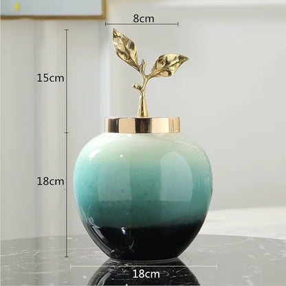 Creativity Ceramic Vase Handmade Gradient with Cover Golden Leaves Modern Home Crafts Ornaments Flower Vases Wedding Decoration